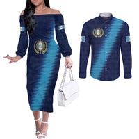 Guatemala Football Custom Couples Matching Off The Shoulder Long Sleeve Dress and Long Sleeve Button Shirt Go Los Chapines Blue Pattern