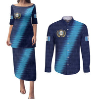 Guatemala Football Custom Couples Matching Puletasi and Long Sleeve Button Shirt Go Los Chapines Blue Pattern