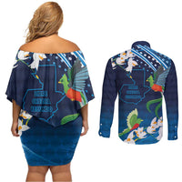 Guatemala Quetzal Bird Couples Matching Off Shoulder Short Dress and Long Sleeve Button Shirt Libre Crezca Fecundo