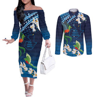 Guatemala Quetzal Bird Couples Matching Off The Shoulder Long Sleeve Dress and Long Sleeve Button Shirt Libre Crezca Fecundo