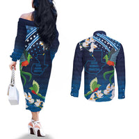 Guatemala Quetzal Bird Couples Matching Off The Shoulder Long Sleeve Dress and Long Sleeve Button Shirt Libre Crezca Fecundo