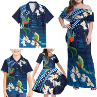 Guatemala Quetzal Bird Family Matching Off Shoulder Maxi Dress and Hawaiian Shirt Libre Crezca Fecundo