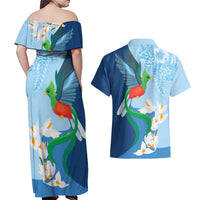 Guatemala Quetzal Bird Couples Matching Off Shoulder Maxi Dress and Hawaiian Shirt Monja Blanca Flowers