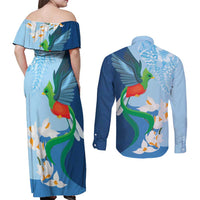 Guatemala Quetzal Bird Couples Matching Off Shoulder Maxi Dress and Long Sleeve Button Shirt Monja Blanca Flowers