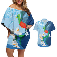 Guatemala Quetzal Bird Couples Matching Off Shoulder Short Dress and Hawaiian Shirt Monja Blanca Flowers