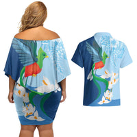 Guatemala Quetzal Bird Couples Matching Off Shoulder Short Dress and Hawaiian Shirt Monja Blanca Flowers
