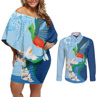 Guatemala Quetzal Bird Couples Matching Off Shoulder Short Dress and Long Sleeve Button Shirt Monja Blanca Flowers