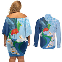 Guatemala Quetzal Bird Couples Matching Off Shoulder Short Dress and Long Sleeve Button Shirt Monja Blanca Flowers
