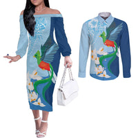 Guatemala Quetzal Bird Couples Matching Off The Shoulder Long Sleeve Dress and Long Sleeve Button Shirt Monja Blanca Flowers