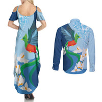 Guatemala Quetzal Bird Couples Matching Summer Maxi Dress and Long Sleeve Button Shirt Monja Blanca Flowers