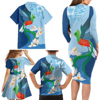 Guatemala Quetzal Bird Family Matching Long Sleeve Bodycon Dress and Hawaiian Shirt Monja Blanca Flowers