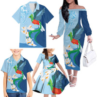 Guatemala Quetzal Bird Family Matching Off The Shoulder Long Sleeve Dress and Hawaiian Shirt Monja Blanca Flowers