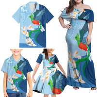 Guatemala Quetzal Bird Family Matching Off Shoulder Maxi Dress and Hawaiian Shirt Monja Blanca Flowers