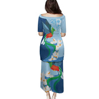 Guatemala Quetzal Bird Family Matching Puletasi and Hawaiian Shirt Monja Blanca Flowers