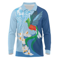 Guatemala Quetzal Bird Long Sleeve Polo Shirt Monja Blanca Flowers
