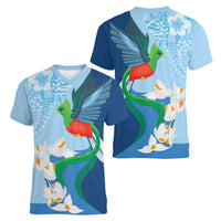 Guatemala Quetzal Bird Women V-Neck T-Shirt Monja Blanca Flowers