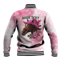 Personalized Kentucky Horse Race Baseball Jacket Big Hats And Horses Pink Out Party
