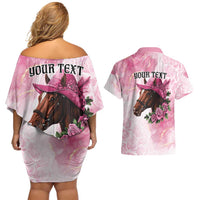 Personalized Kentucky Horse Race Couples Matching Off Shoulder Short Dress and Hawaiian Shirt Big Hats And Horses Pink Out Party