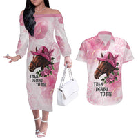 Personalized Kentucky Horse Race Couples Matching Off The Shoulder Long Sleeve Dress and Hawaiian Shirt Big Hats And Horses Pink Out Party