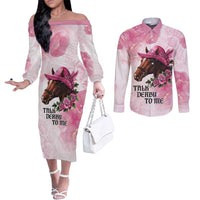 Personalized Kentucky Horse Race Couples Matching Off The Shoulder Long Sleeve Dress and Long Sleeve Button Shirt Big Hats And Horses Pink Out Party
