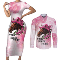 Personalized Kentucky Horse Race Couples Matching Short Sleeve Bodycon Dress and Long Sleeve Button Shirt Big Hats And Horses Pink Out Party