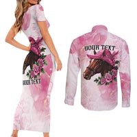 Personalized Kentucky Horse Race Couples Matching Short Sleeve Bodycon Dress and Long Sleeve Button Shirt Big Hats And Horses Pink Out Party