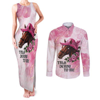 Personalized Kentucky Horse Race Couples Matching Tank Maxi Dress and Long Sleeve Button Shirt Big Hats And Horses Pink Out Party