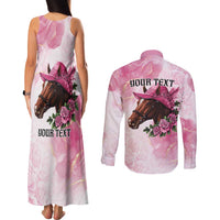 Personalized Kentucky Horse Race Couples Matching Tank Maxi Dress and Long Sleeve Button Shirt Big Hats And Horses Pink Out Party