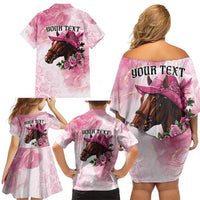 Personalized Kentucky Horse Race Family Matching Off Shoulder Short Dress and Hawaiian Shirt Big Hats And Horses Pink Out Party