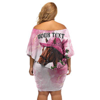 Personalized Kentucky Horse Race Family Matching Off Shoulder Short Dress and Hawaiian Shirt Big Hats And Horses Pink Out Party