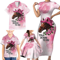 Personalized Kentucky Horse Race Family Matching Short Sleeve Bodycon Dress and Hawaiian Shirt Big Hats And Horses Pink Out Party