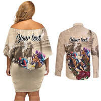 Personalized Kentucky Horse Race Couples Matching Off Shoulder Short Dress and Long Sleeve Button Shirt Race for Rosse