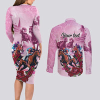 Personalized Kentucky Horse Race Couples Matching Long Sleeve Bodycon Dress and Long Sleeve Button Shirt Pink Out Party