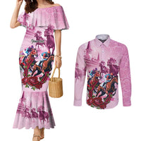 Personalized Kentucky Horse Race Couples Matching Mermaid Dress and Long Sleeve Button Shirt Pink Out Party