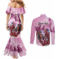 Personalized Kentucky Horse Race Couples Matching Mermaid Dress and Long Sleeve Button Shirt Pink Out Party