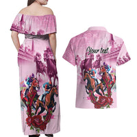 Personalized Kentucky Horse Race Couples Matching Off Shoulder Maxi Dress and Hawaiian Shirt Pink Out Party
