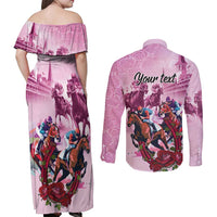 Personalized Kentucky Horse Race Couples Matching Off Shoulder Maxi Dress and Long Sleeve Button Shirt Pink Out Party