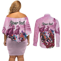 Personalized Kentucky Horse Race Couples Matching Off Shoulder Short Dress and Long Sleeve Button Shirt Pink Out Party