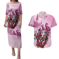Personalized Kentucky Horse Race Couples Matching Puletasi and Hawaiian Shirt Pink Out Party