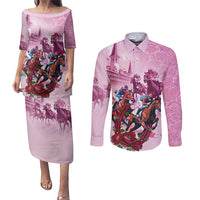 Personalized Kentucky Horse Race Couples Matching Puletasi and Long Sleeve Button Shirt Pink Out Party