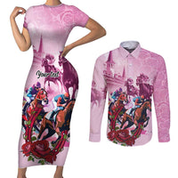 Personalized Kentucky Horse Race Couples Matching Short Sleeve Bodycon Dress and Long Sleeve Button Shirt Pink Out Party