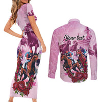 Personalized Kentucky Horse Race Couples Matching Short Sleeve Bodycon Dress and Long Sleeve Button Shirt Pink Out Party