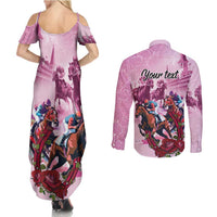 Personalized Kentucky Horse Race Couples Matching Summer Maxi Dress and Long Sleeve Button Shirt Pink Out Party