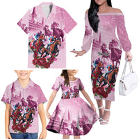 Personalized Kentucky Horse Race Family Matching Off The Shoulder Long Sleeve Dress and Hawaiian Shirt Pink Out Party