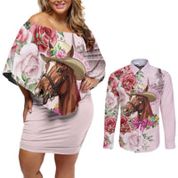 Personalized Kentucky Horse Race Couples Matching Off Shoulder Short Dress and Long Sleeve Button Shirt Talk Derby To Me Derby Horse