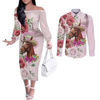 Personalized Kentucky Horse Race Couples Matching Off The Shoulder Long Sleeve Dress and Long Sleeve Button Shirt Talk Derby To Me Derby Horse