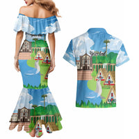 Feliz Dia de Madeira Personalized Couples Matching Mermaid Dress and Hawaiian Shirt Traditional Palheiros Straw-roofed Houses - Wonder Print Shop