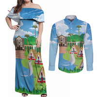 Feliz Dia de Madeira Personalized Couples Matching Off Shoulder Maxi Dress and Long Sleeve Button Shirt Traditional Palheiros Straw-roofed Houses - Wonder Print Shop
