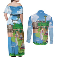 Feliz Dia de Madeira Personalized Couples Matching Off Shoulder Maxi Dress and Long Sleeve Button Shirt Traditional Palheiros Straw-roofed Houses - Wonder Print Shop