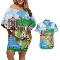 Feliz Dia de Madeira Personalized Couples Matching Off Shoulder Short Dress and Hawaiian Shirt Traditional Palheiros Straw-roofed Houses - Wonder Print Shop